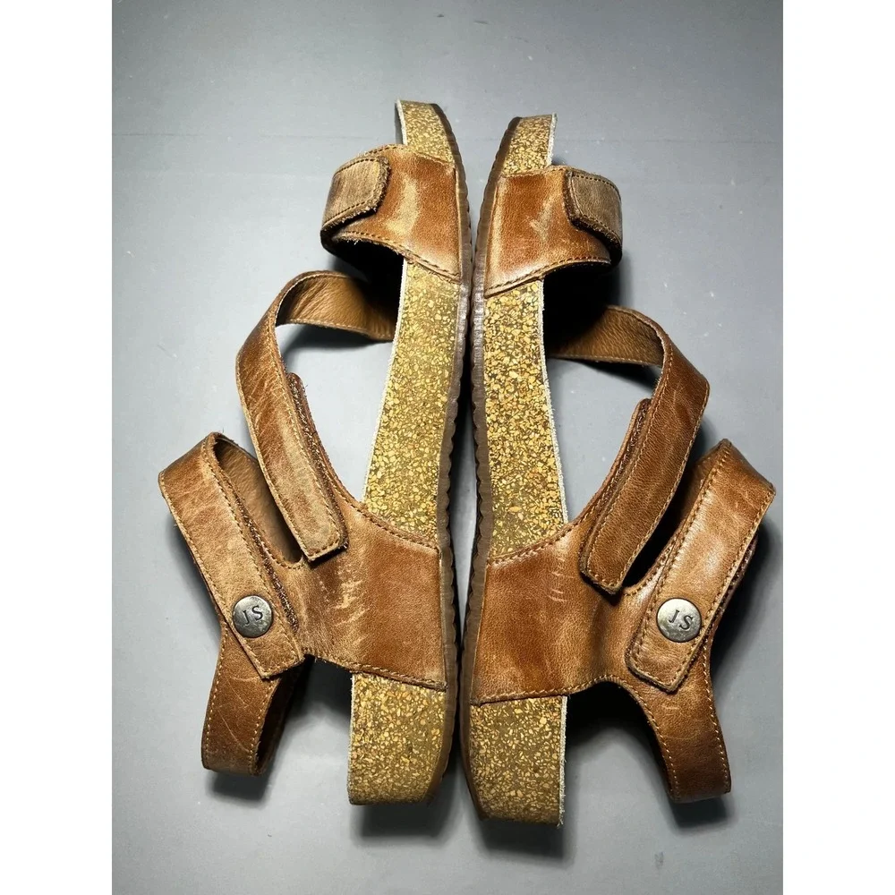Josef Seibel Tonga Brown Leather Strappy Cork Wedge Sandals Size 39 Hook Loop
